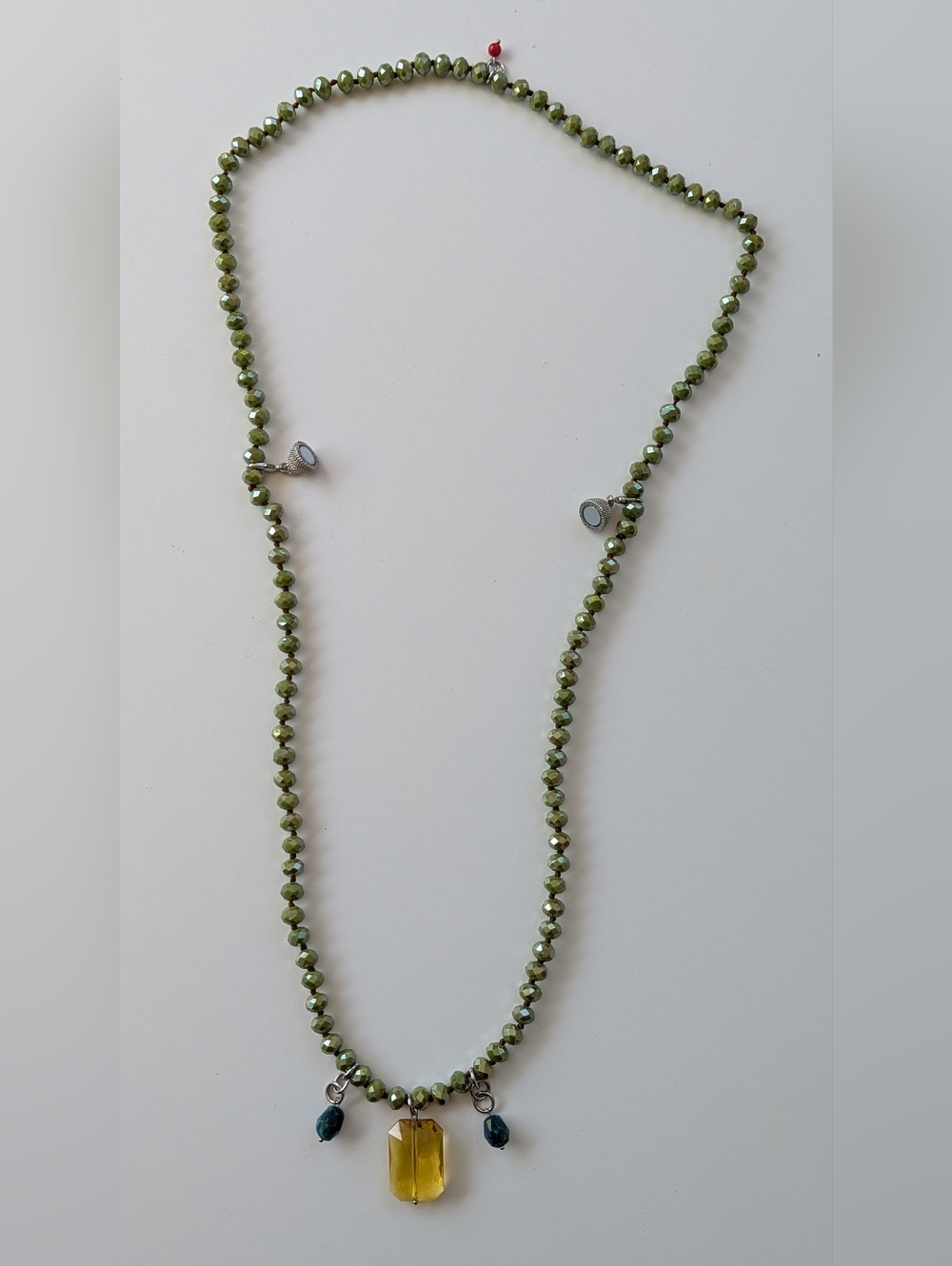 Katia Designs Green Olivine Crystal Necklace Yellow, Aqua, Red Accent Beads - Picture 2 of 5